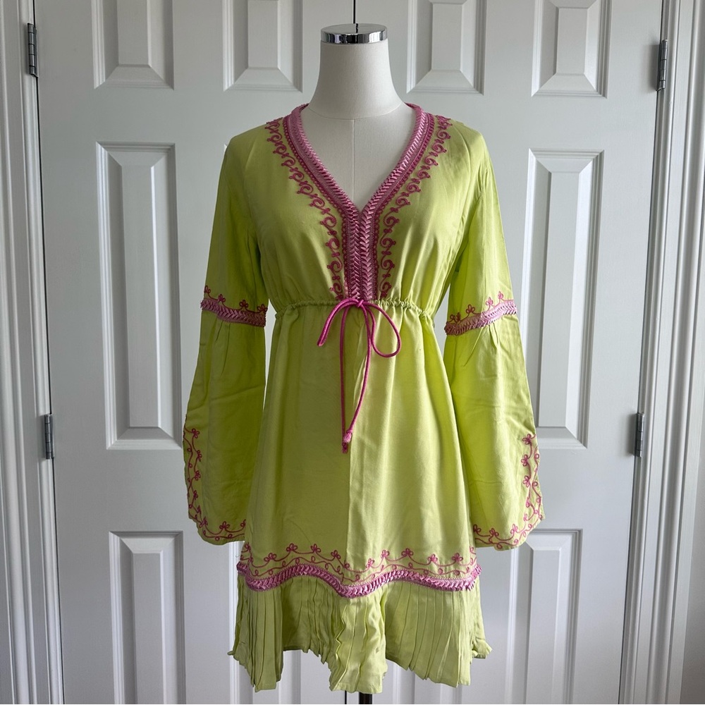 Moda International Lime Pink Beach V-Neck Dress Cover-up, Embroidered, Size S